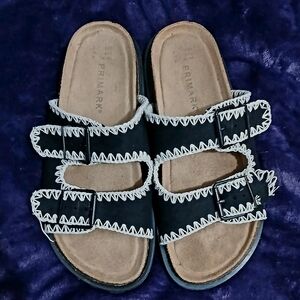 Primark Black Sandals with White Stitching, Size 8